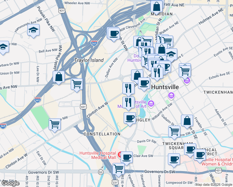 map of restaurants, bars, coffee shops, grocery stores, and more near 514 Clinton Avenue West in Huntsville