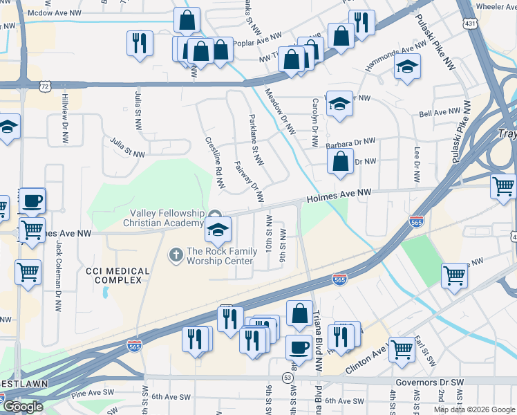 map of restaurants, bars, coffee shops, grocery stores, and more near 807 Fairway Drive Northwest in Huntsville
