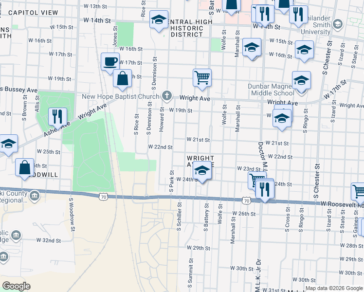 map of restaurants, bars, coffee shops, grocery stores, and more near 2024 South Schiller Street in Little Rock