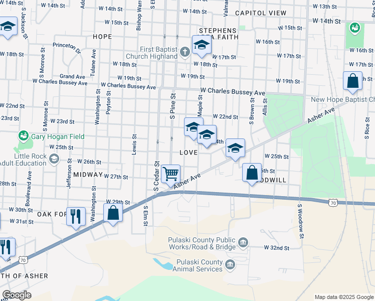 map of restaurants, bars, coffee shops, grocery stores, and more near 2401 South Oak Street in Little Rock