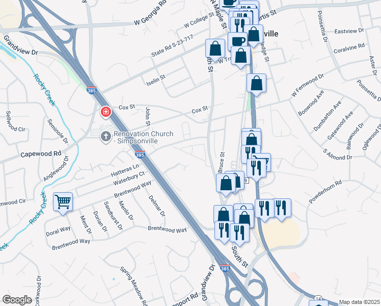map of restaurants, bars, coffee shops, grocery stores, and more near 100 Garden District Drive in Simpsonville