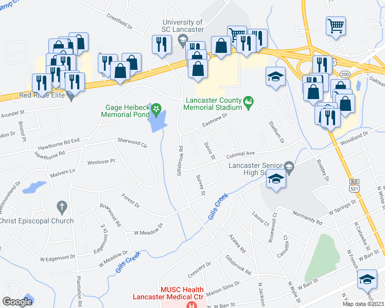 map of restaurants, bars, coffee shops, grocery stores, and more near 622 Eastview Court in Lancaster