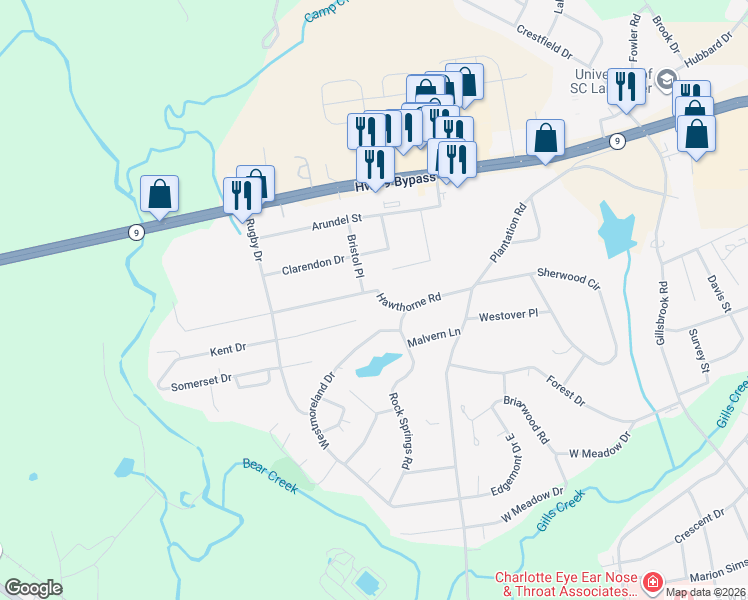 map of restaurants, bars, coffee shops, grocery stores, and more near 1126 Hawthorne Road in Lancaster