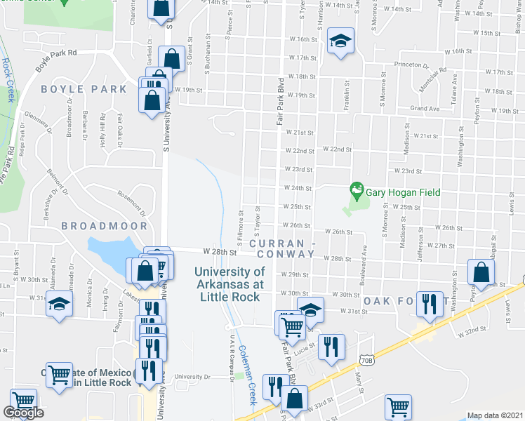 map of restaurants, bars, coffee shops, grocery stores, and more near 2503 South Taylor Street in Little Rock