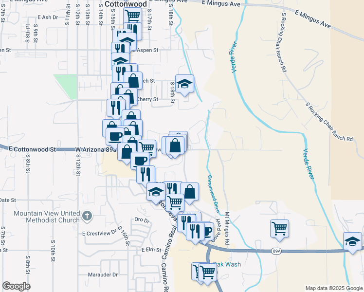 map of restaurants, bars, coffee shops, grocery stores, and more near 587 Sawmill Cove in Cottonwood