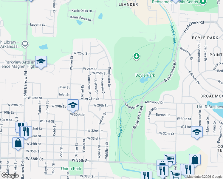 map of restaurants, bars, coffee shops, grocery stores, and more near 2617 Dorchester Drive in Little Rock