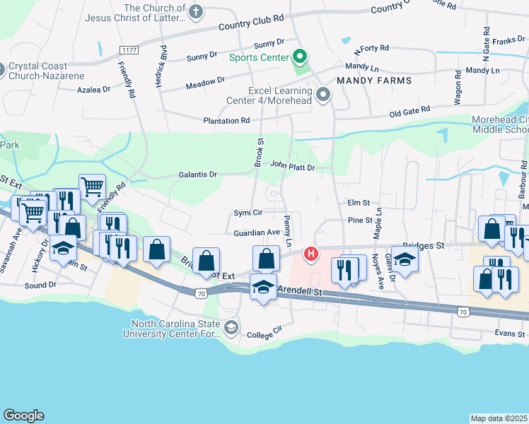 map of restaurants, bars, coffee shops, grocery stores, and more near 3714 Symi Circle in Morehead City