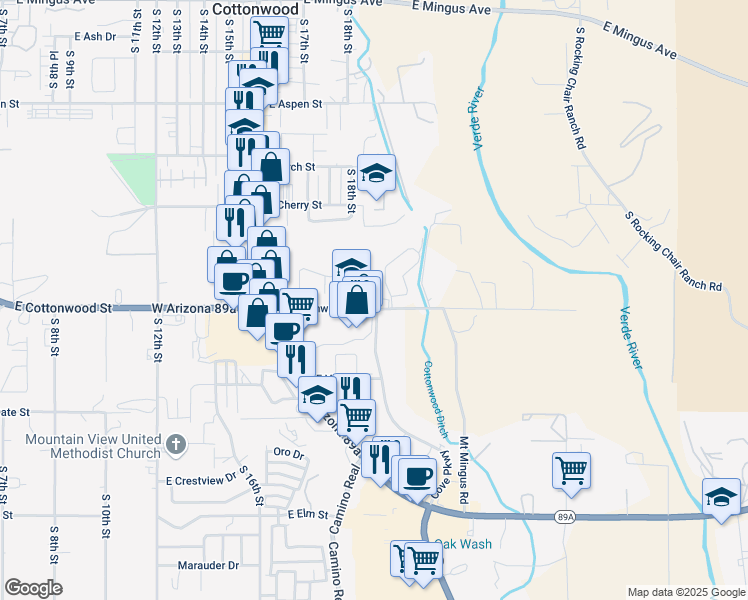map of restaurants, bars, coffee shops, grocery stores, and more near 563 South Sawmill Gardens Drive in Cottonwood