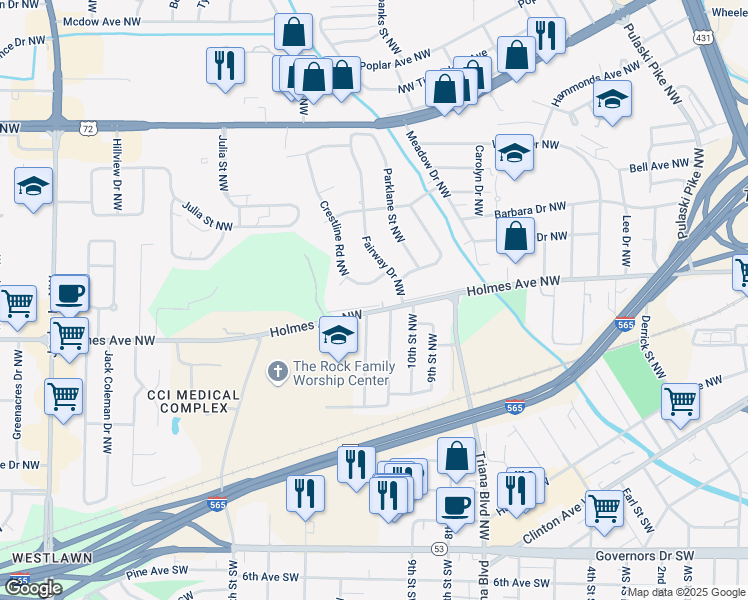 map of restaurants, bars, coffee shops, grocery stores, and more near 807 Fairway Drive Northwest in Huntsville