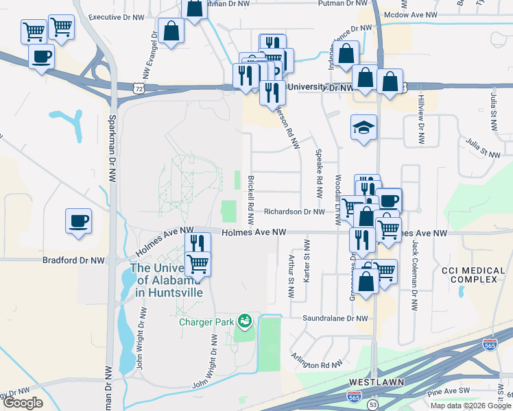 map of restaurants, bars, coffee shops, grocery stores, and more near 813 Brickell Road Northwest in Huntsville