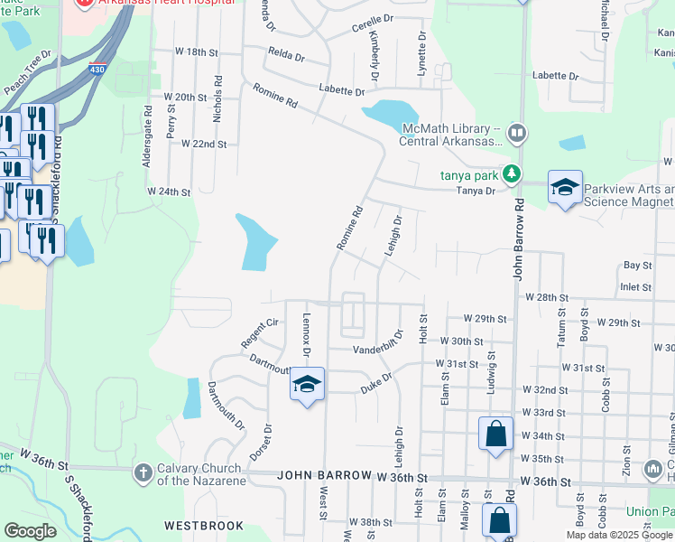 map of restaurants, bars, coffee shops, grocery stores, and more near 2604 Romine Road in Little Rock