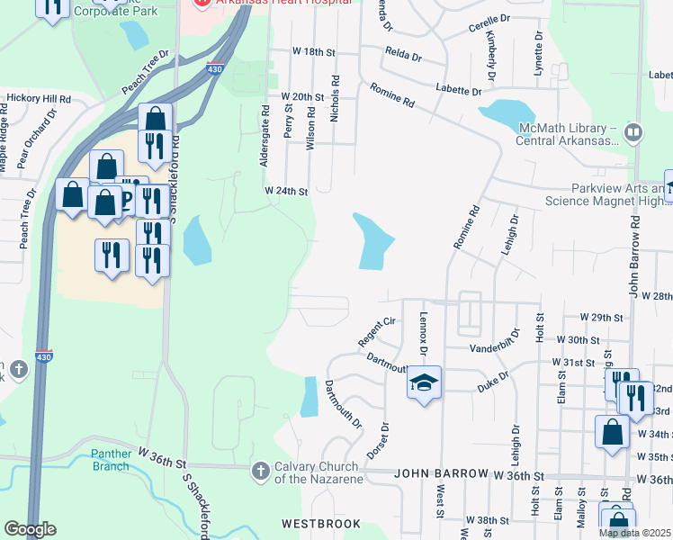 map of restaurants, bars, coffee shops, grocery stores, and more near 4 Rhinehart Lane in Little Rock