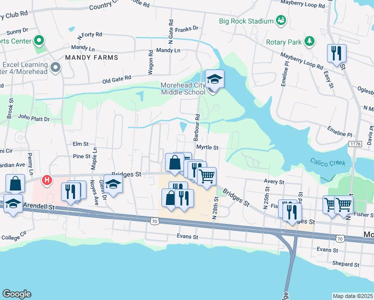 map of restaurants, bars, coffee shops, grocery stores, and more near 303 Barbour Road in Morehead City