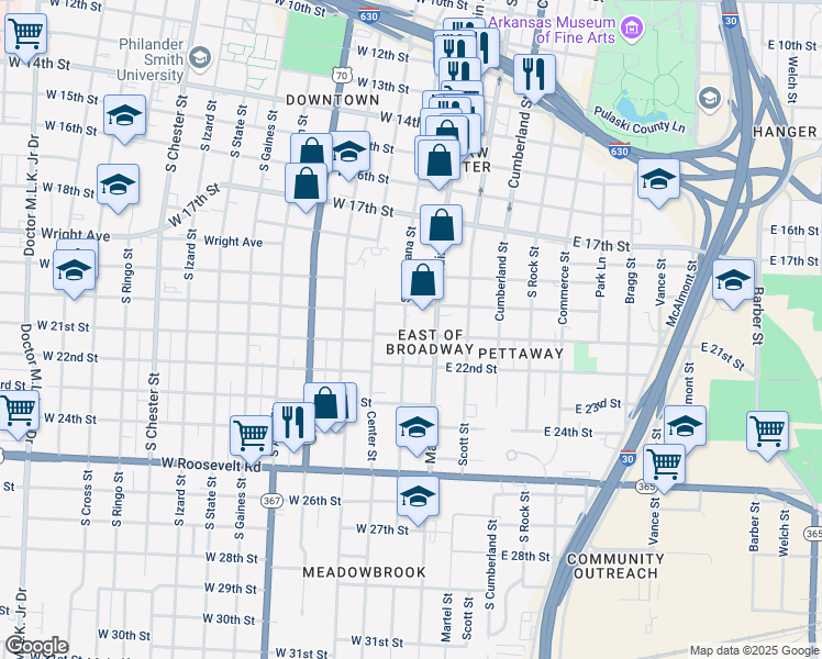 map of restaurants, bars, coffee shops, grocery stores, and more near 1999 West Charles Bussey Avenue in Little Rock