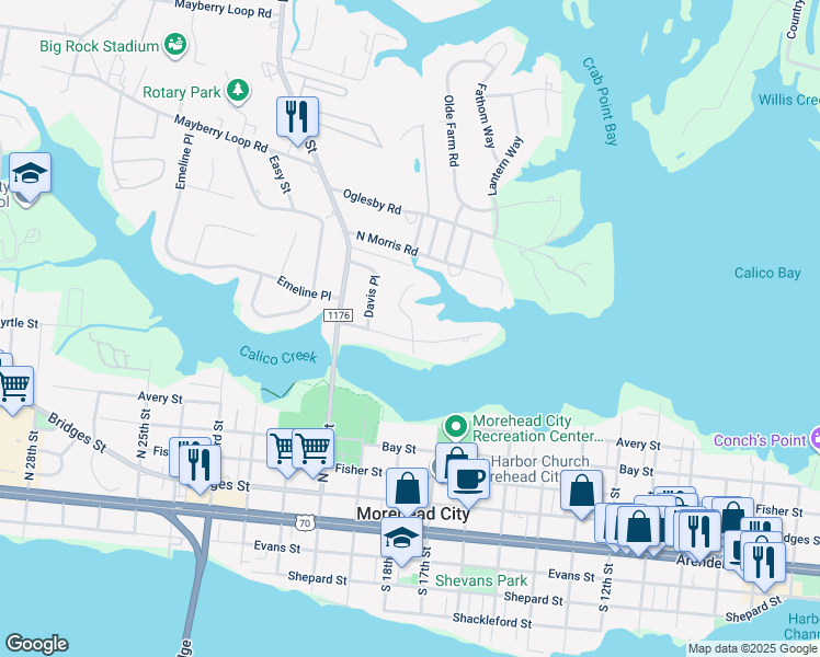 map of restaurants, bars, coffee shops, grocery stores, and more near 917 Calamanda Court in Morehead City