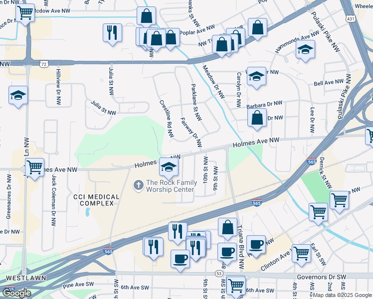 map of restaurants, bars, coffee shops, grocery stores, and more near 807 Fairway Drive Northwest in Huntsville