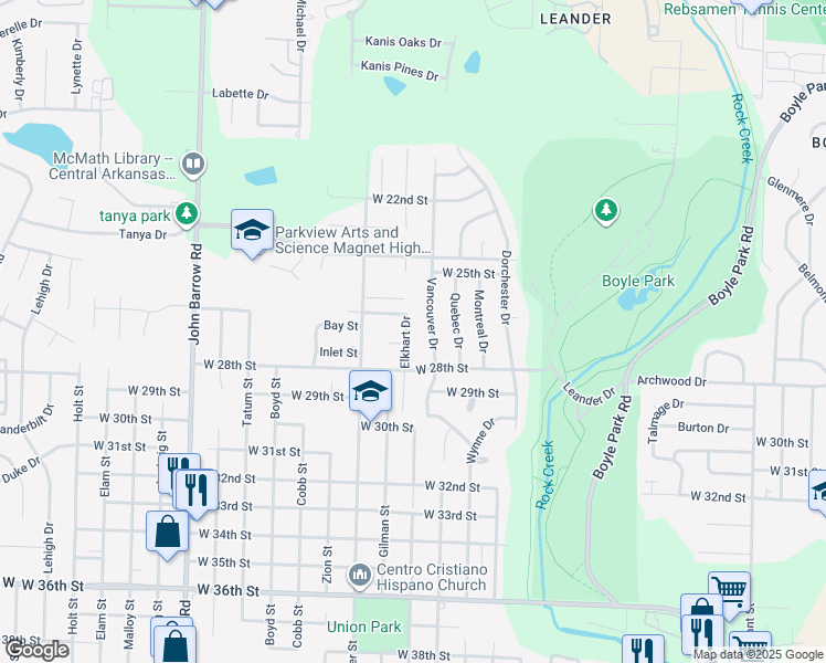 map of restaurants, bars, coffee shops, grocery stores, and more near 2611 Elkhart Drive in Little Rock