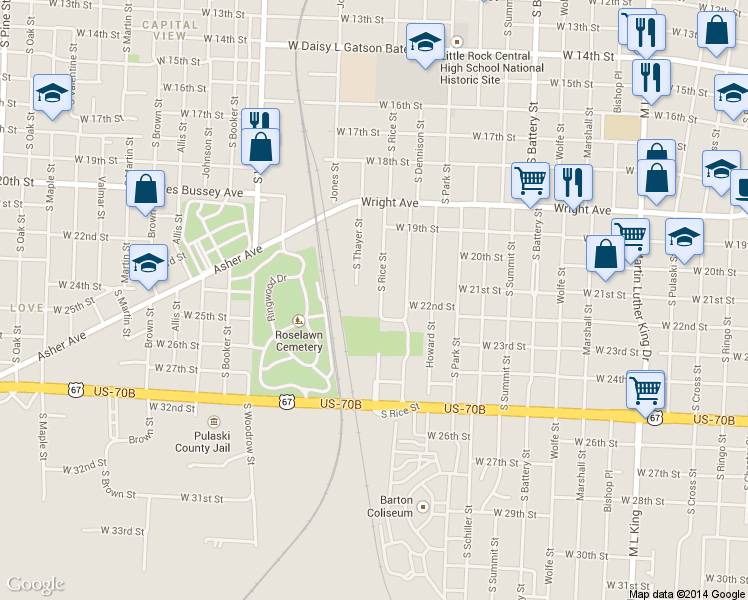 map of restaurants, bars, coffee shops, grocery stores, and more near 2124 Rice St in Little Rock
