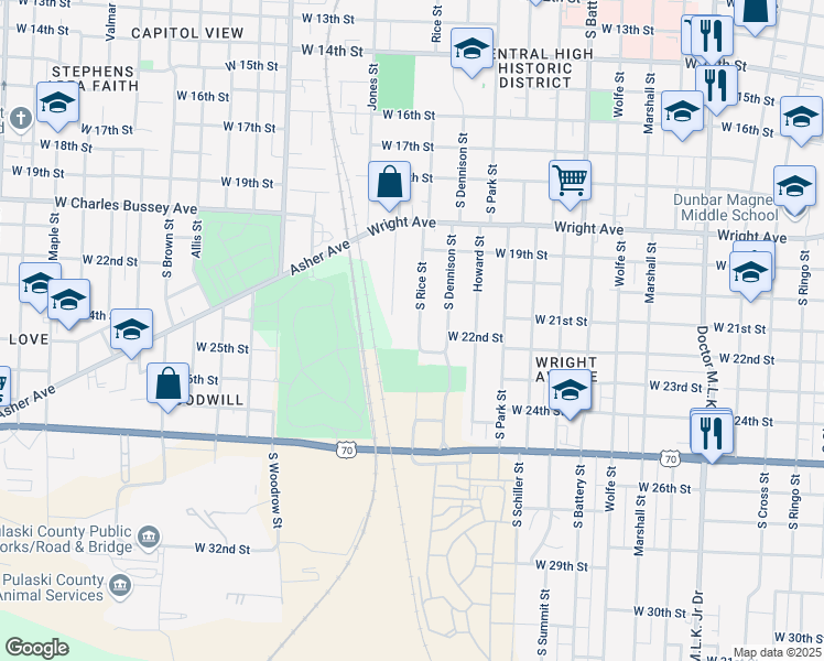 map of restaurants, bars, coffee shops, grocery stores, and more near 2124 South Rice Street in Little Rock