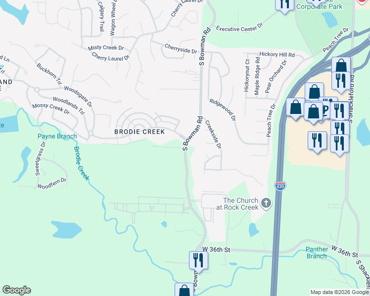 map of restaurants, bars, coffee shops, grocery stores, and more near 2625 South Bowman Road in Little Rock