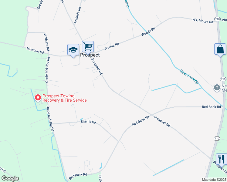 map of restaurants, bars, coffee shops, grocery stores, and more near Prospect Road in Robeson County