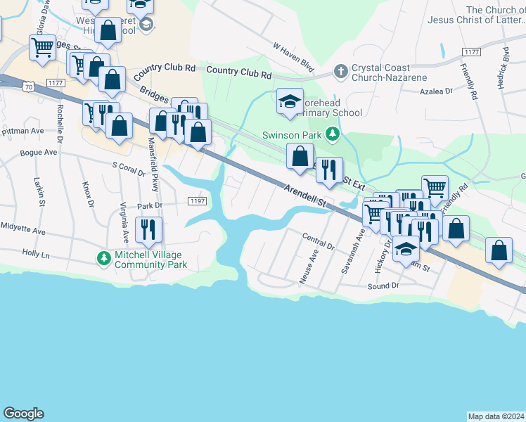map of restaurants, bars, coffee shops, grocery stores, and more near in Morehead City