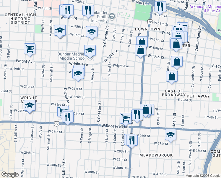 map of restaurants, bars, coffee shops, grocery stores, and more near 2005 South Izard Street in Little Rock
