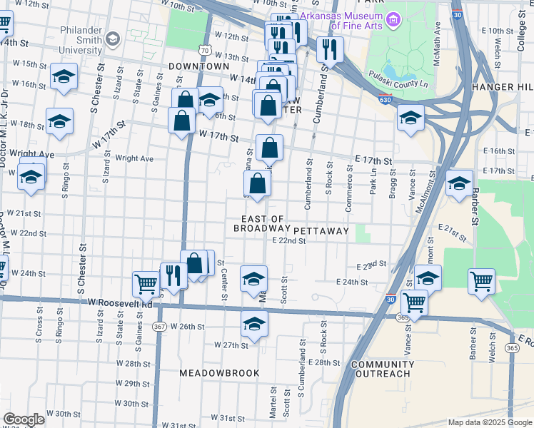 map of restaurants, bars, coffee shops, grocery stores, and more near 2021 South Main Street in Little Rock