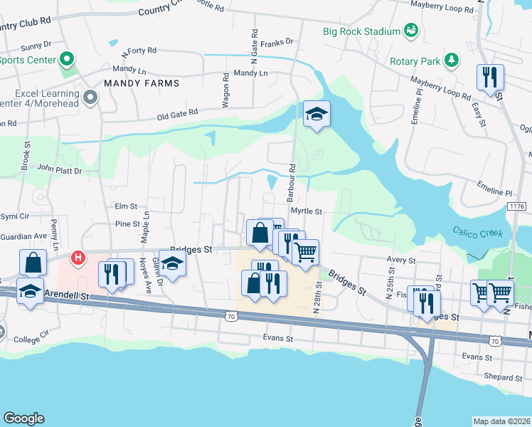 map of restaurants, bars, coffee shops, grocery stores, and more near 303 Barbour Road in Morehead City