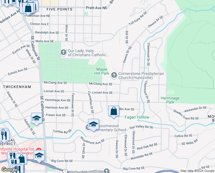 map of restaurants, bars, coffee shops, grocery stores, and more near 1321 McClung Avenue Southeast in Huntsville