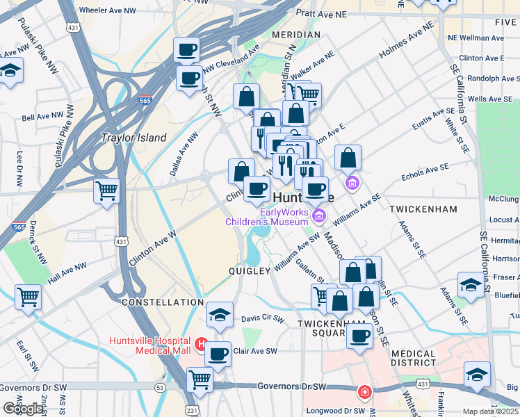 map of restaurants, bars, coffee shops, grocery stores, and more near 112 Spragins Street Northwest in Huntsville