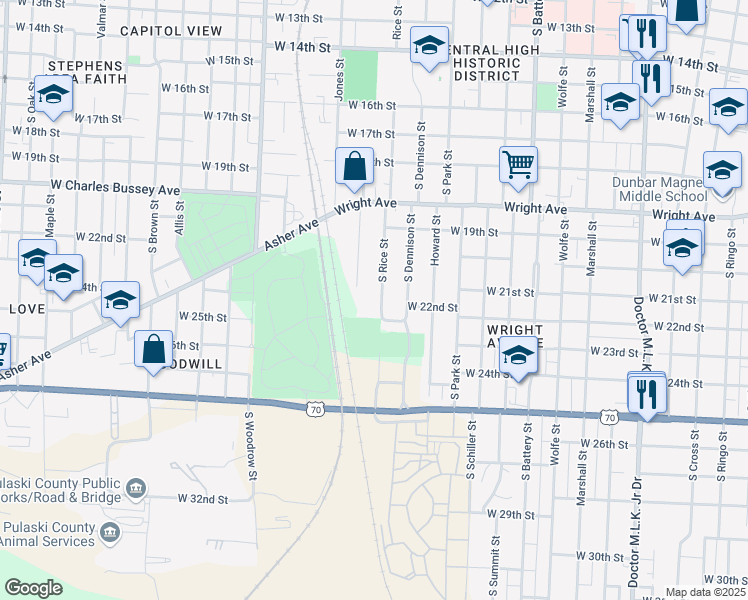 map of restaurants, bars, coffee shops, grocery stores, and more near 2102 South Rice Street in Little Rock