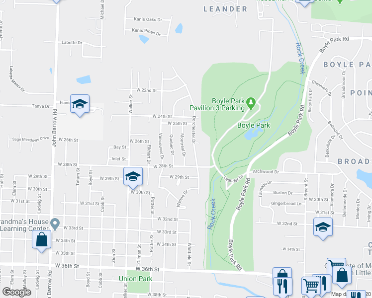 map of restaurants, bars, coffee shops, grocery stores, and more near 2524 Dorchester Drive in Little Rock