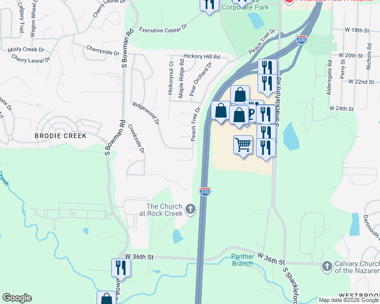map of restaurants, bars, coffee shops, grocery stores, and more near 2815 Peach Tree Drive in Little Rock