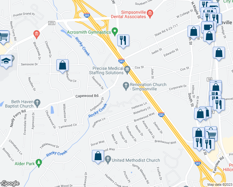 map of restaurants, bars, coffee shops, grocery stores, and more near 617 Richardson Street in Simpsonville