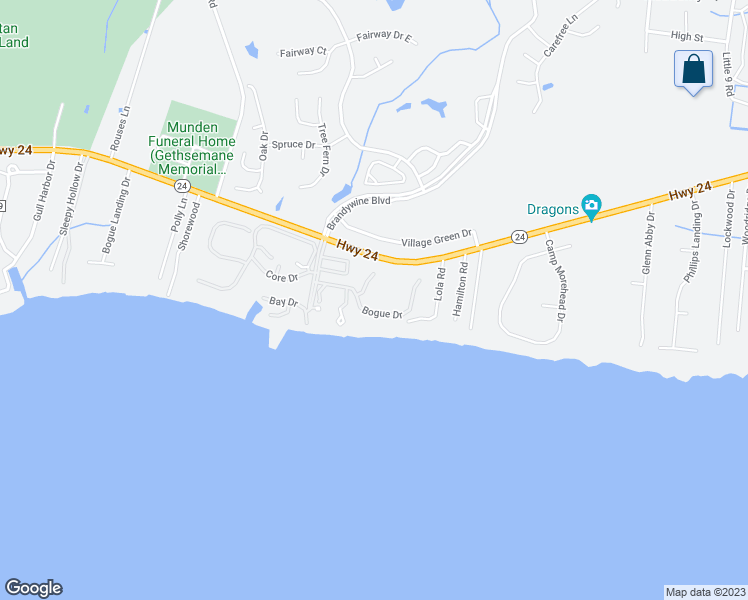 map of restaurants, bars, coffee shops, grocery stores, and more near 205 Bogue Drive in Morehead City