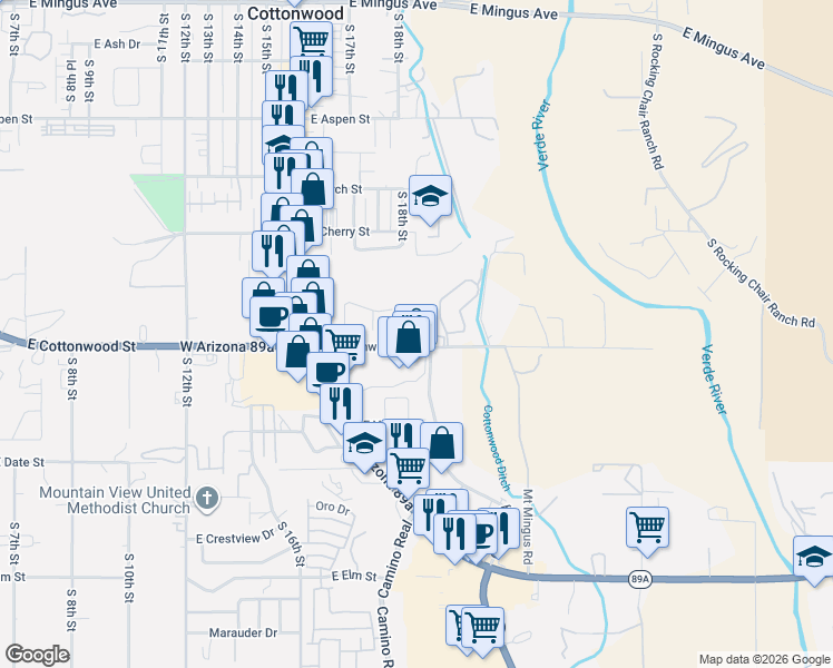 map of restaurants, bars, coffee shops, grocery stores, and more near 563 South Sawmill Gardens Drive in Cottonwood