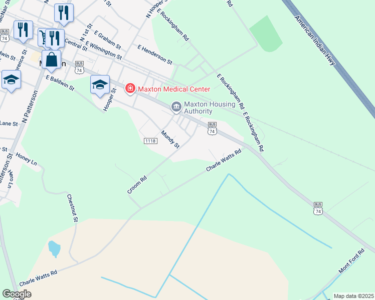 map of restaurants, bars, coffee shops, grocery stores, and more near 307 Croom Road in Maxton