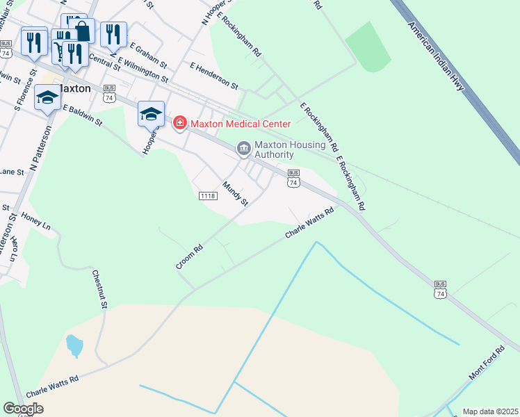 map of restaurants, bars, coffee shops, grocery stores, and more near 307 Croom Road in Maxton