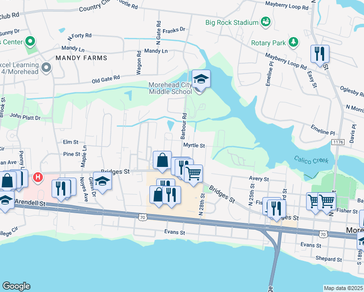 map of restaurants, bars, coffee shops, grocery stores, and more near 299 Barbour Road in Morehead City