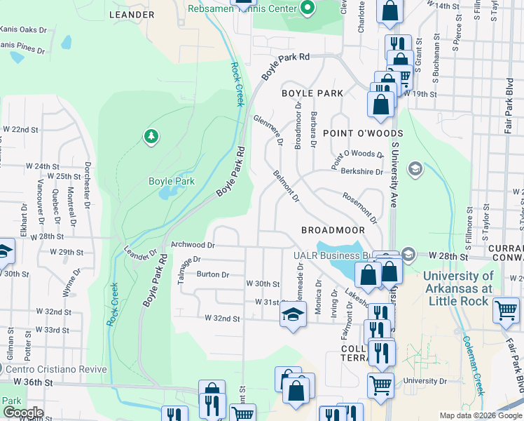 map of restaurants, bars, coffee shops, grocery stores, and more near 25 Glenmere Drive in Little Rock
