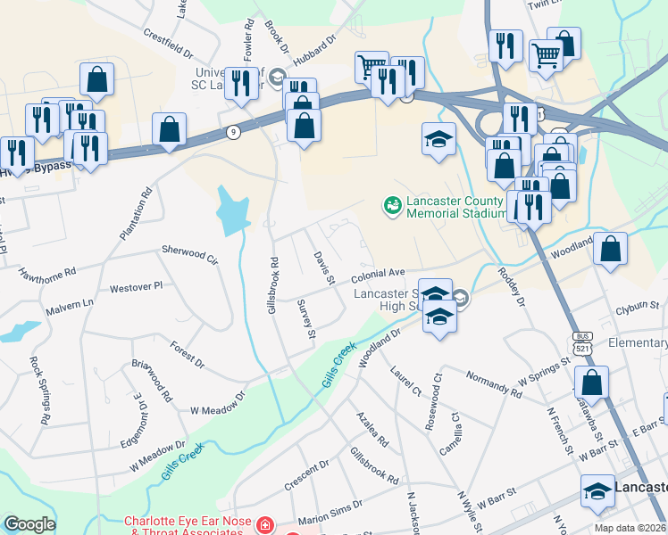 map of restaurants, bars, coffee shops, grocery stores, and more near 609 Davis Street in Lancaster