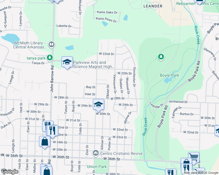 map of restaurants, bars, coffee shops, grocery stores, and more near 2601 Elkhart Drive in Little Rock