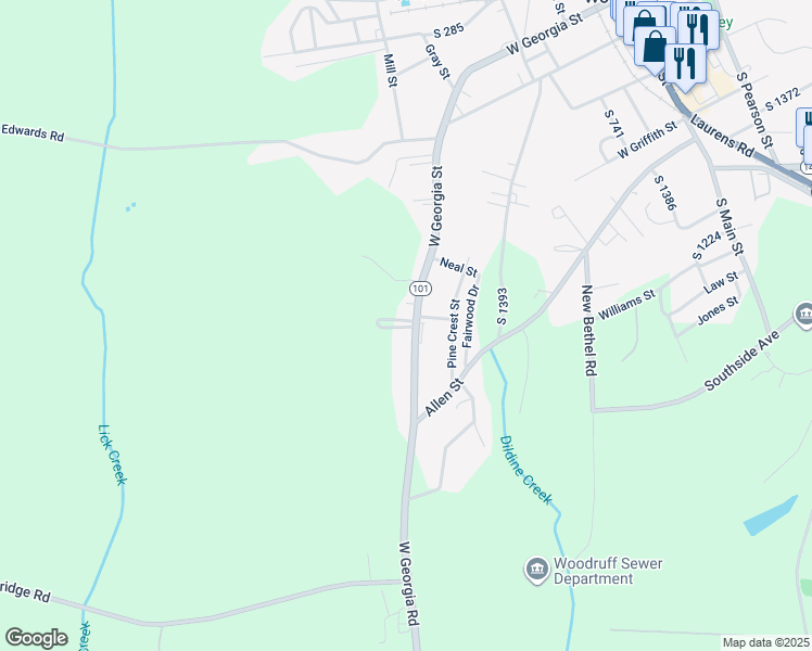map of restaurants, bars, coffee shops, grocery stores, and more near 1024 West Georgia Road in Woodruff