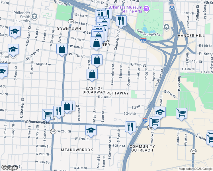 map of restaurants, bars, coffee shops, grocery stores, and more near 2003 Scott Street in Little Rock