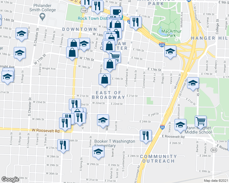 map of restaurants, bars, coffee shops, grocery stores, and more near 2003 Scott Street in Little Rock