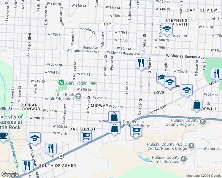 map of restaurants, bars, coffee shops, grocery stores, and more near 4415 West 24th Street in Little Rock