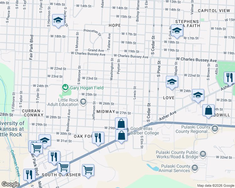 map of restaurants, bars, coffee shops, grocery stores, and more near 4415 West 24th Street in Little Rock