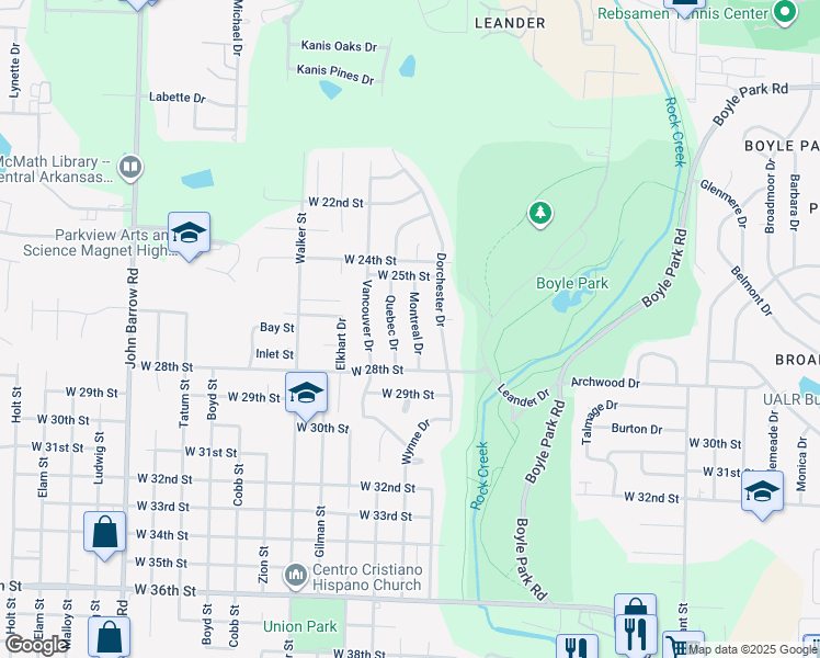 map of restaurants, bars, coffee shops, grocery stores, and more near 2601 Quebec Drive in Little Rock