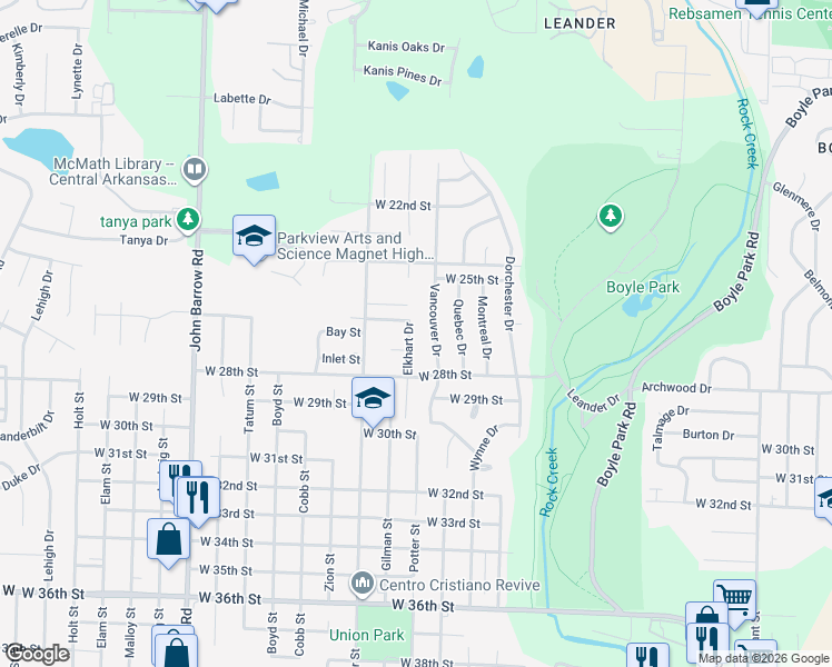 map of restaurants, bars, coffee shops, grocery stores, and more near 2601 Elkhart Drive in Little Rock